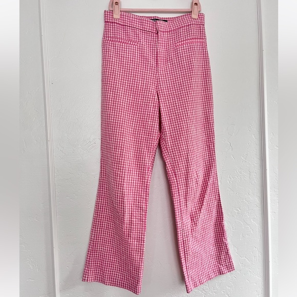 Zara Pink White Gingham Checkered High waist Flare Pant Trouser in Medium - Picture 3 of 7